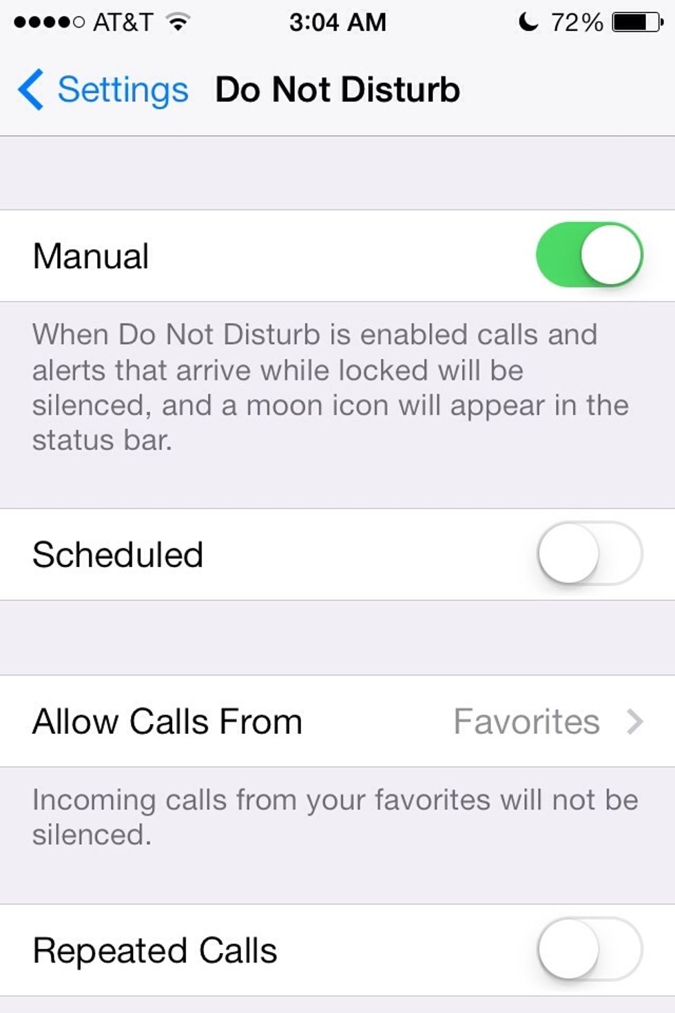 Turn on "Manual". This will make it easier to toggle Do Not Disturb from control center.