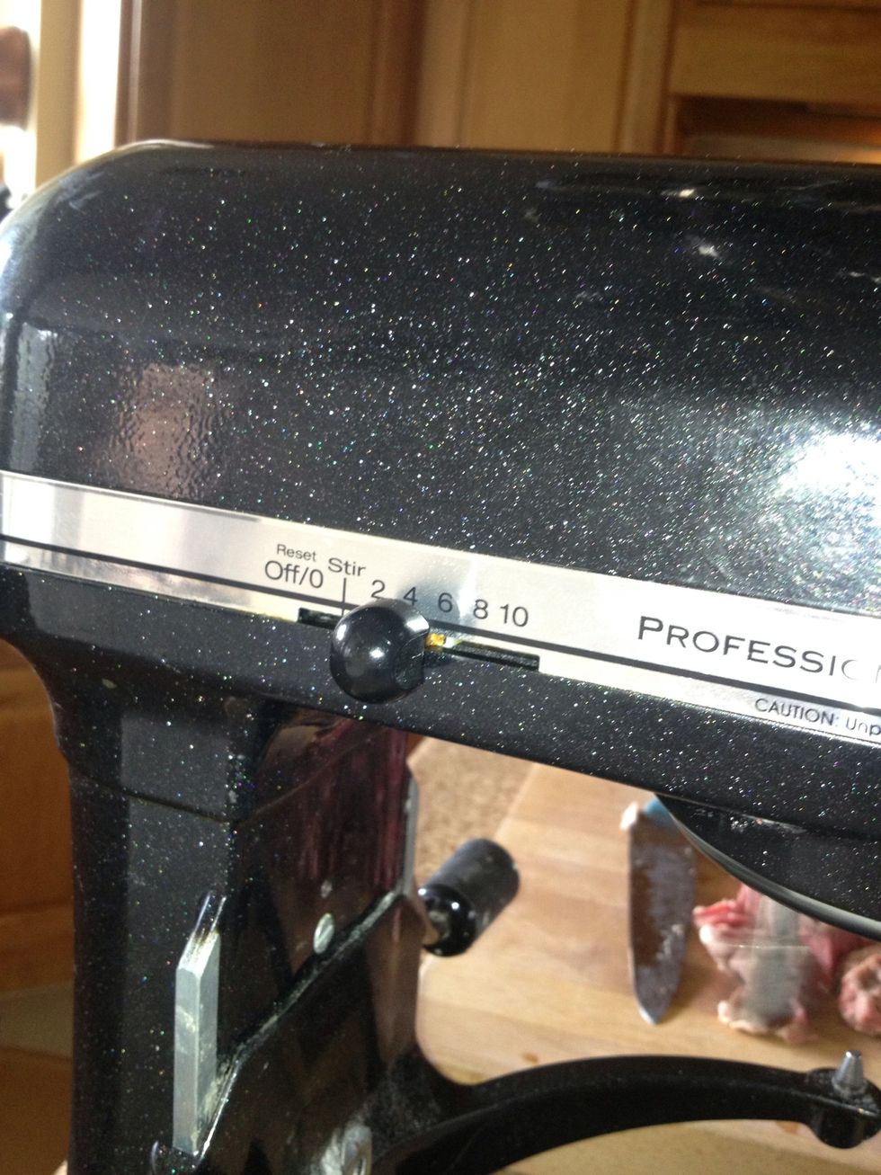 Turn on mixer to a speed you are comfortable with I start at 2-3 and might push it to 5-6