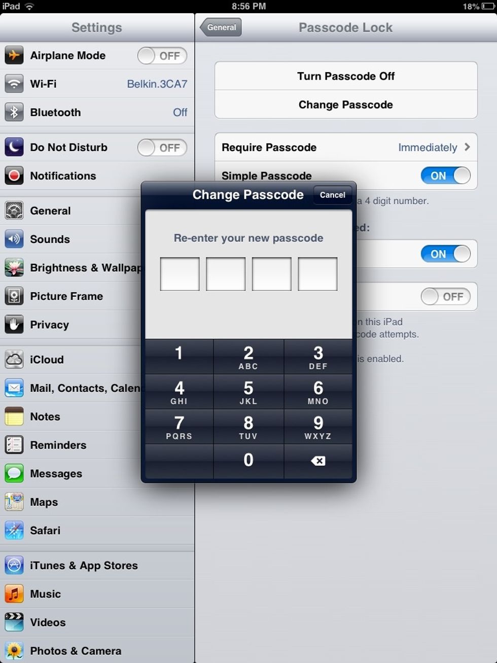 Turn on simple if your typing your passcode. Then change the password to 0000.