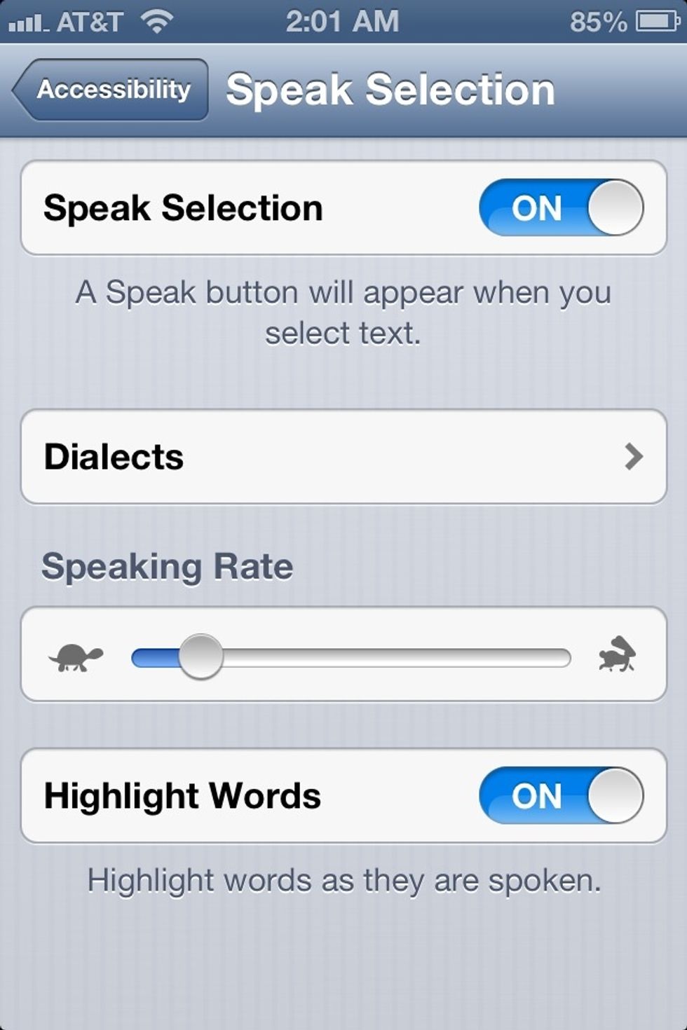 Turn on speck selection. Also if you like turn on highlight words, it highlights what's reading. And go to dialects to change the voice sound.