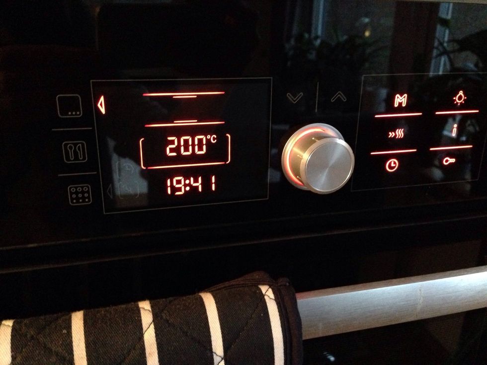 Turn on the oven to 200 degrees celsius.
