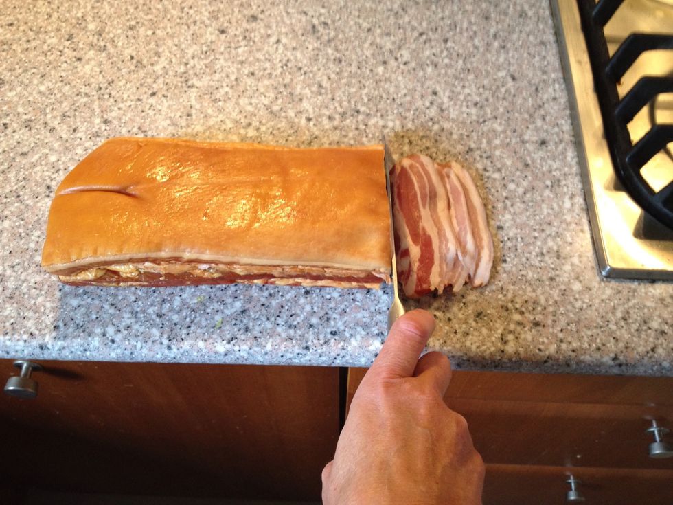 Turn oven on at 400f  Cut smoked bacon thinly, or buy already sliced.