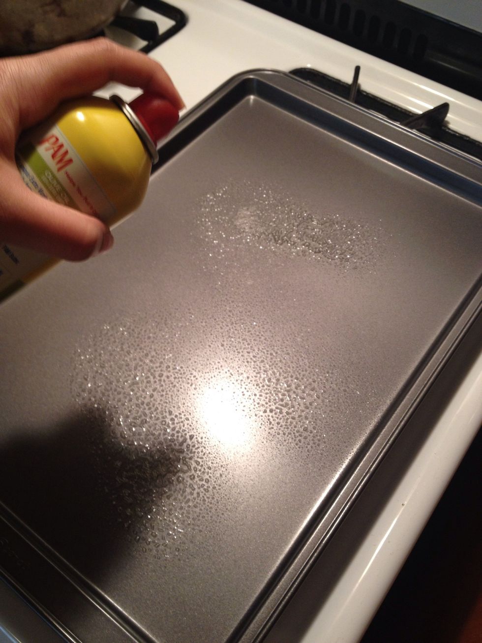 Turn oven on to 350 degrees and spray a cookie sheet to start!