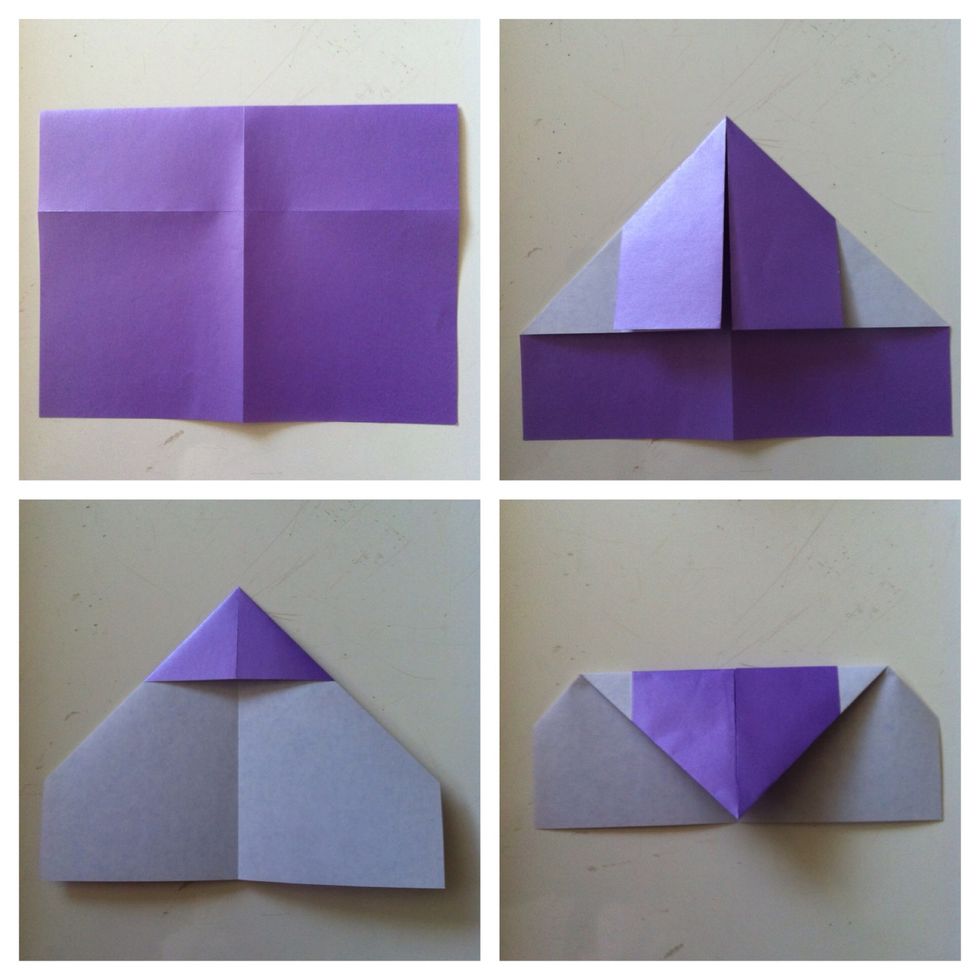 Turn over. Fold top left & right corner to center. Turn over. Fold top tip to bottom edge. Turn over...