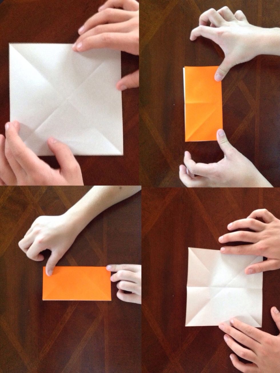 Turn paper 45 degrees to make a square. Fold the top side to the bottom side and unfold, repeat but do it horizontally. You should end up with an "x" and a "plus(+)" crossing on the paper.