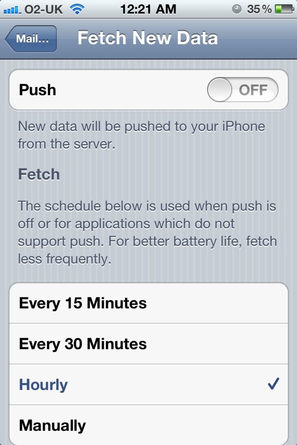 Turn push off for mail, and set mail to fetch data at a set interval...(settings>mail,contacts,calendars>fetch new data)