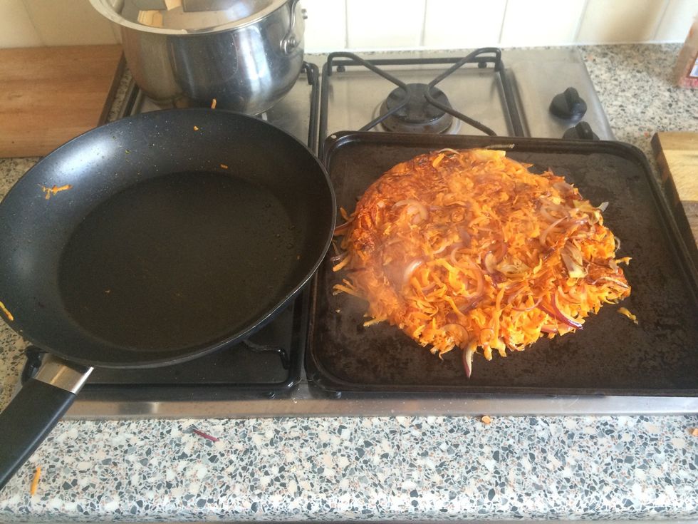Turn rosti out on to hot oven tray