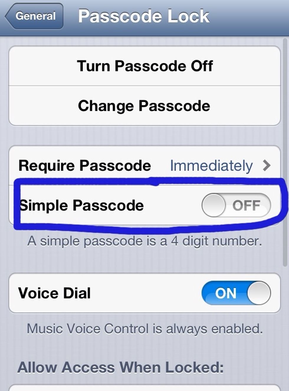 Turn simple passcode off