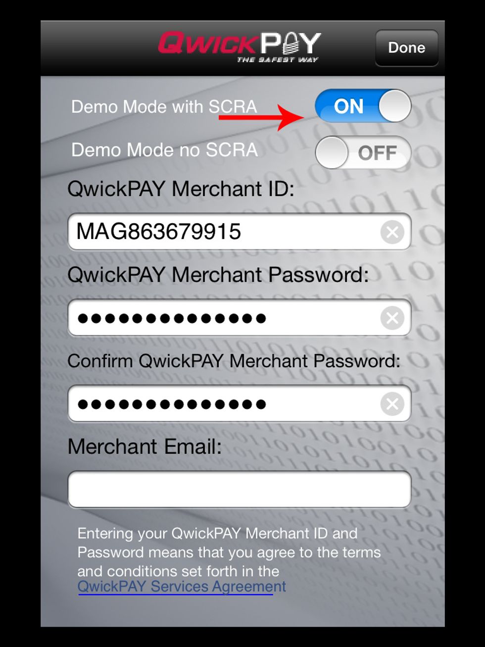 Turn slider for "Demo Mode with SCRA" ON