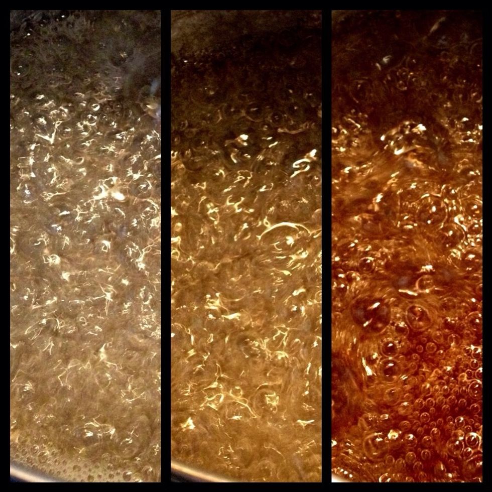 Turn the heat up to med-high & boil until the mixture turns a beautiful dark caramel color. Do NOT stir during this part! Just let it boil. This photo shows the color progression.