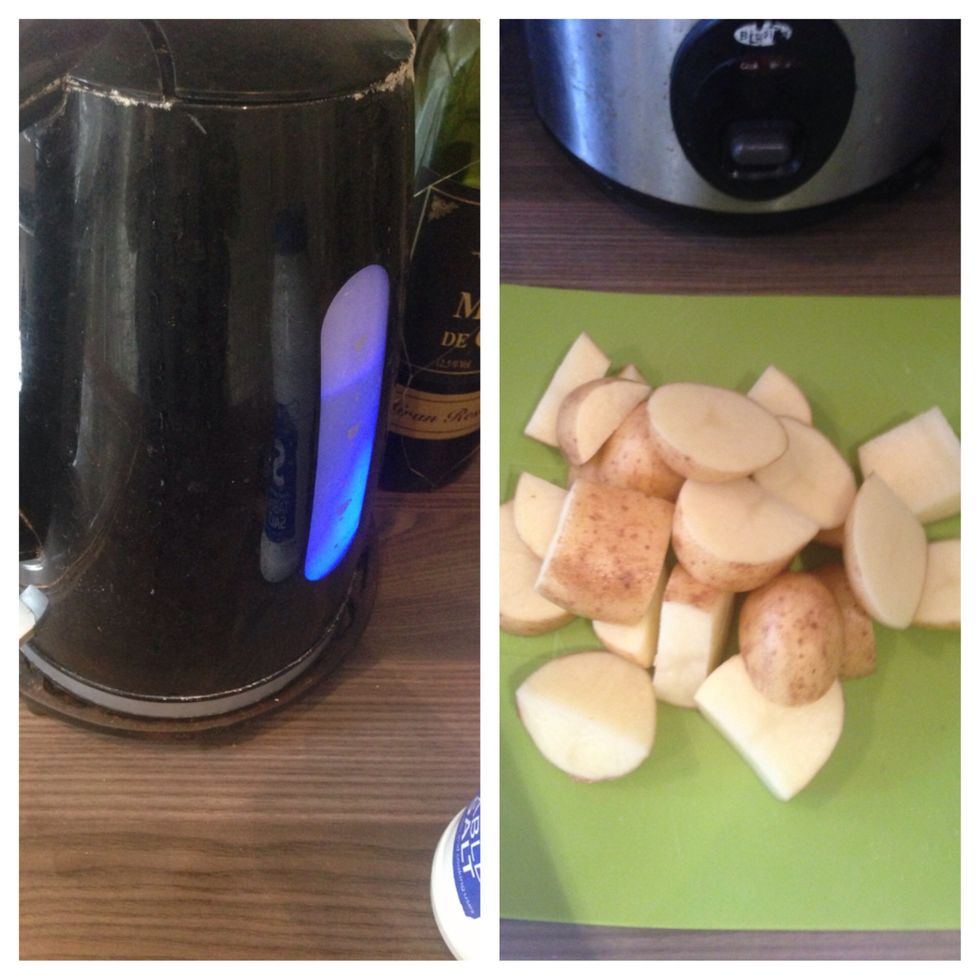 Turn the kettle on and chop up the potatoes. I leave the skin on because it's yummy but you don't have to \ud83d\ude09\ud83d\ude09