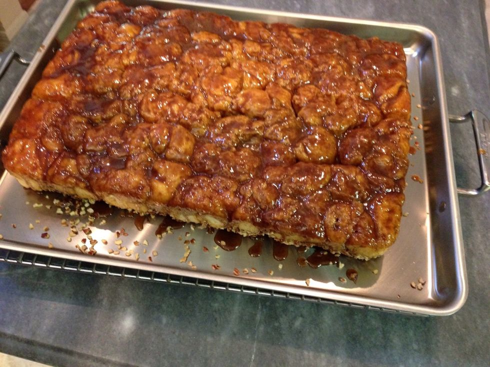 Turn the sticky buns out onto a serving tray or platter - this is a small cookie sheet that works great to serve all kinds of good stuff.