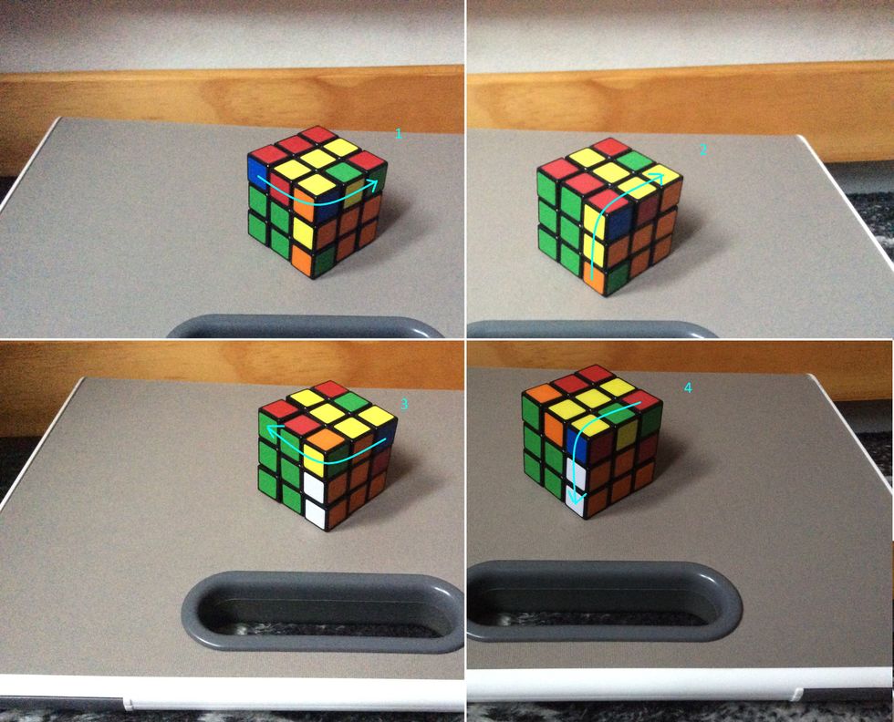 Turn the top to the right, then the front up, the top back to the left, and the front back down.