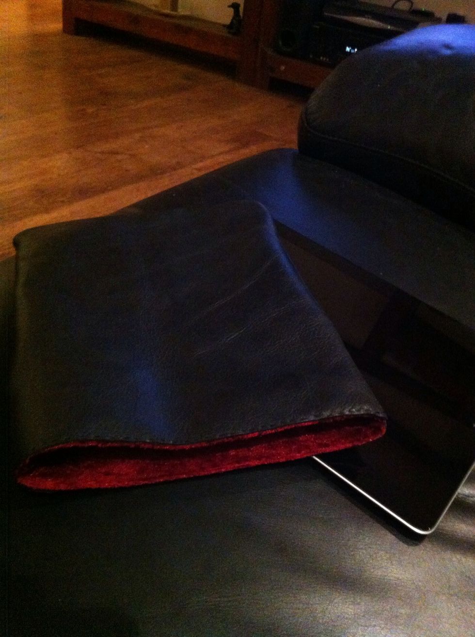 Turn the whole thing inside out. Don't worry if the finished article is a little tight to begin with, the leather will stretch. Hey presto, an iPad sleeve made from an old couch.