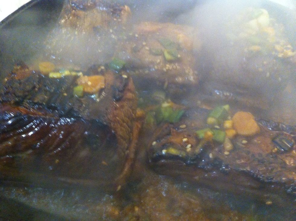 Turn to brown on every side; then broil in oven (time will depend on thickness of meat and the temp you want the meat to cook to - I flipped mine over once and cooked for 25 minutes or so)