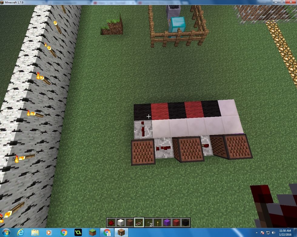 Turn to your right and place another Repeater. Bring it to 2 ticks (Right click it once).