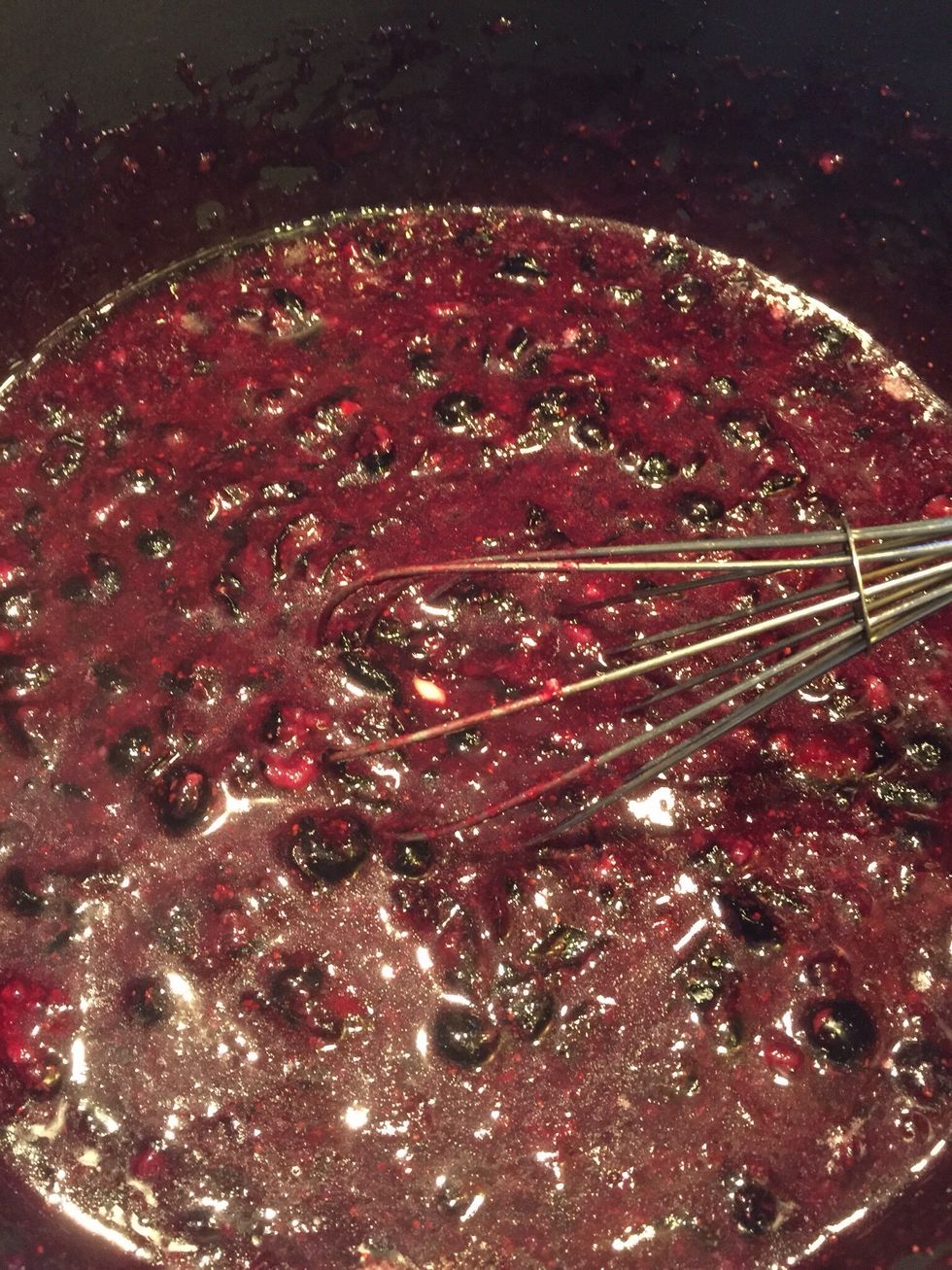 Turn up heat and bring to a rolling boil, stirring constantly (I like bits of fruit in my jelly. If you want yours smooth, you can run the fruit through a food processor)