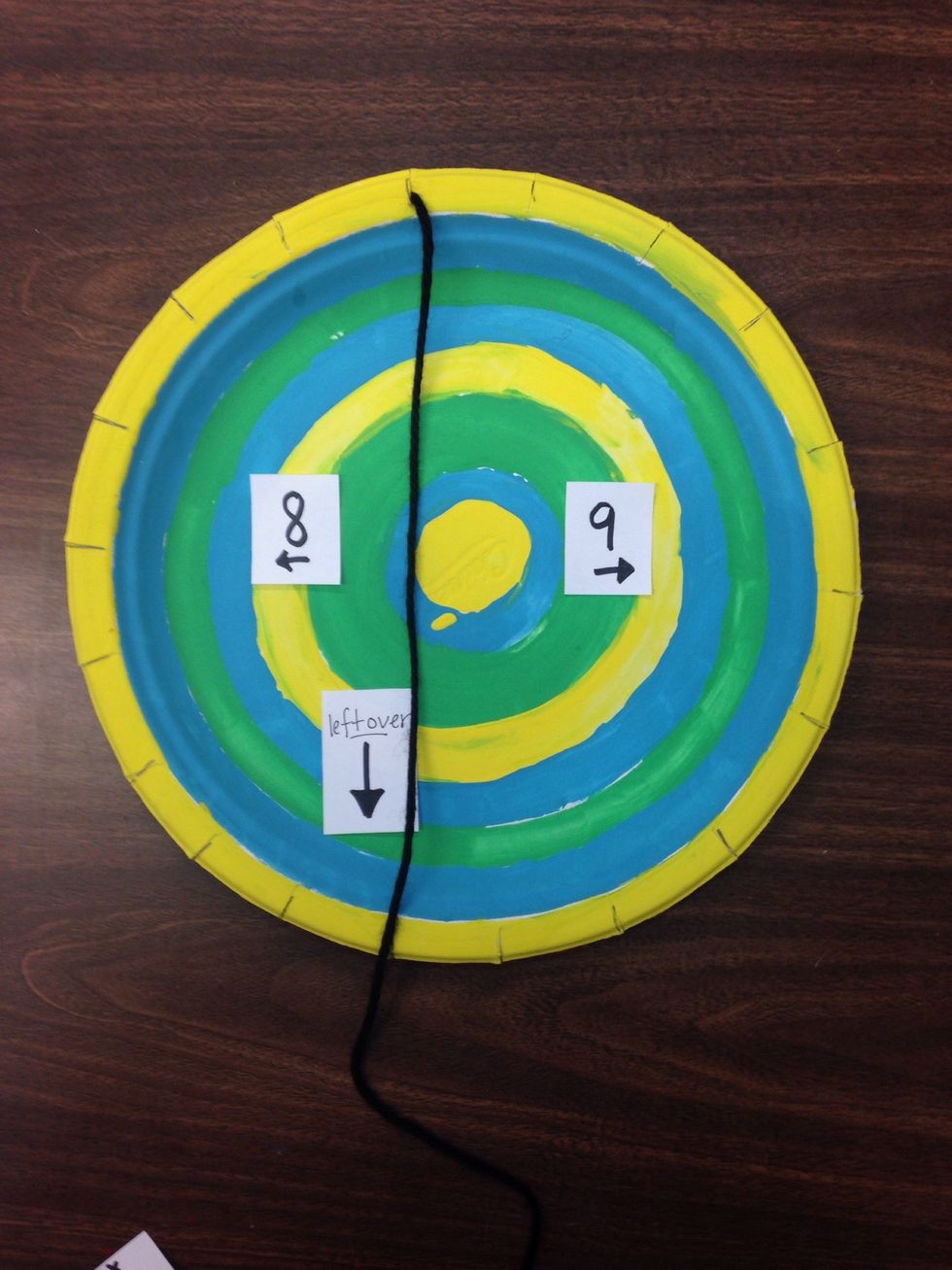 Turn your plate back over. Next, count 8 notches down on the left side and 9 notches down on the right. You should have one notch left. Put your yarn through the notch that is left over.