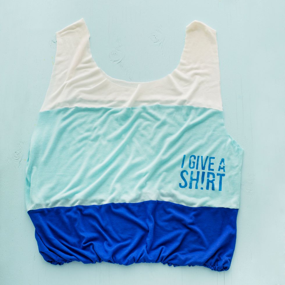 Turn your t-shirt right side out again, and voila, a tote bag! Add a touch of personality with a stamp or some fabric paint. (Don\u2019t forget to heat seal the stamp with an iron when you\u2019re done.)