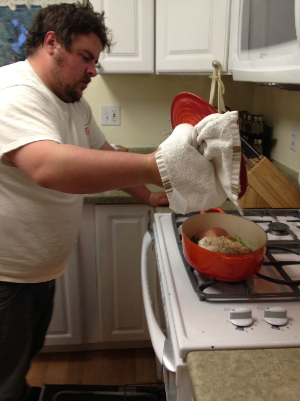 @ twenty-five minutes: pull out the garlic and let cool. check the Dutch Oven; if the potatoes are tender and the chicken is cooked through, you are ready to add garlic an onions!