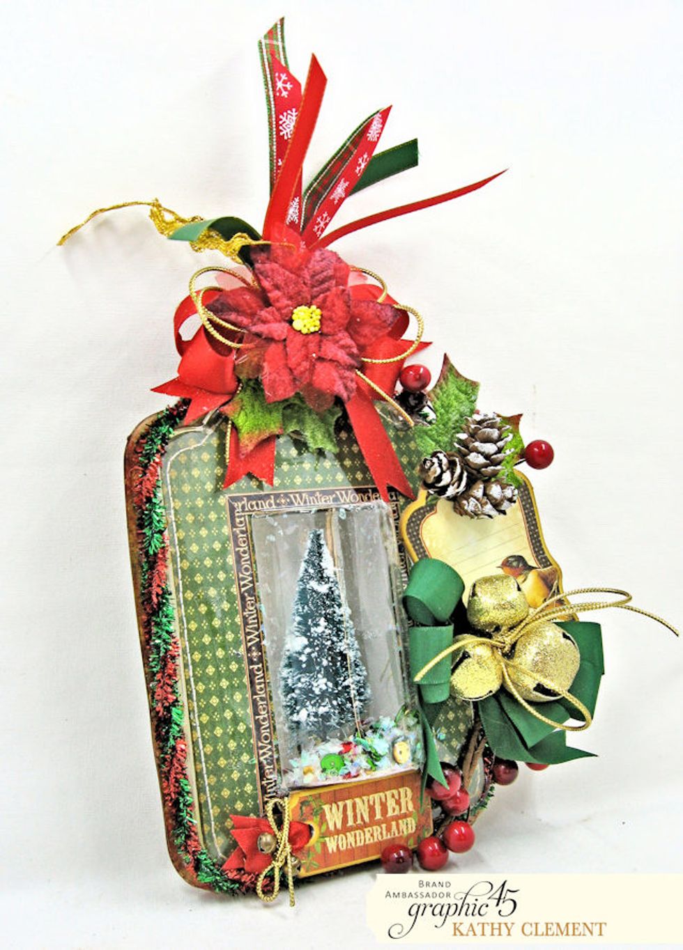 Twist red and green pipe cleaners together to form tinsel. Hot glue to outer edge of packaging.