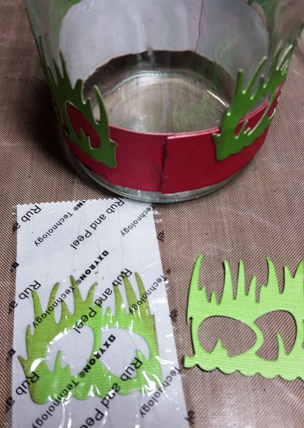 Two die cuts were just short of wrapping around the jar, so i cut a section of the 3rd die cut and filled in the gap.