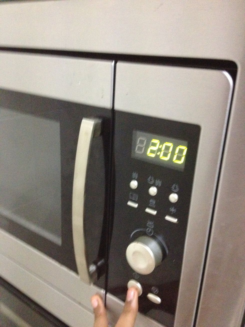 Two minutes!  Different microwaves have different temperature and what not, so you could start from 1 minute and work from there.