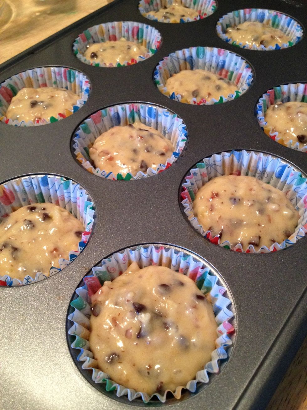 Two scoops which equals 2 tablespoons in each muffin.  Time to bake!  Muffins will only take 15-20 minutes.  If you make loaves of bread it will take 50 minutes to bake.