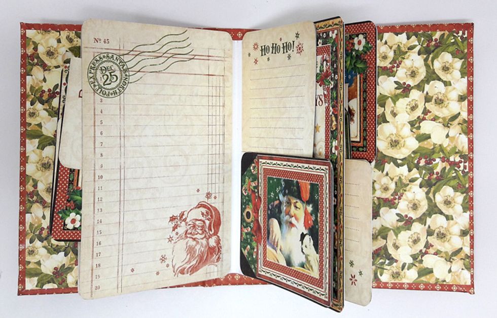 Type 2 page: Cut the binding flap in half to create two smaller flaps one next to the other. Attach two horizontal small ephemera cards back to back while the binding flap is in-between them.