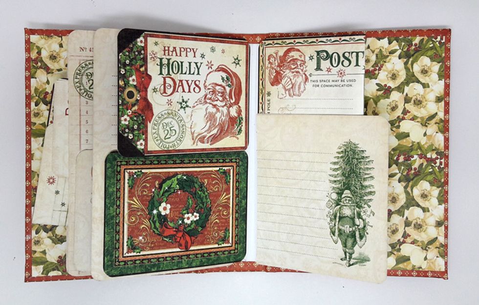 Type 3 page: Fold one large ephemera card in half. Cut one flap in half. Attach the two sides of folded piece while the flap is in between them. To the other flap attach a type 2 page.