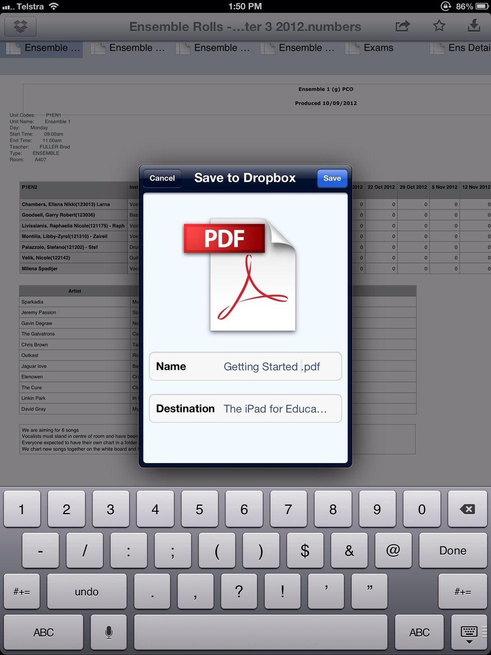 Type a name and choose a location within your Dropbox. This document is going to a folder called iPad for educators unless I tap to change.