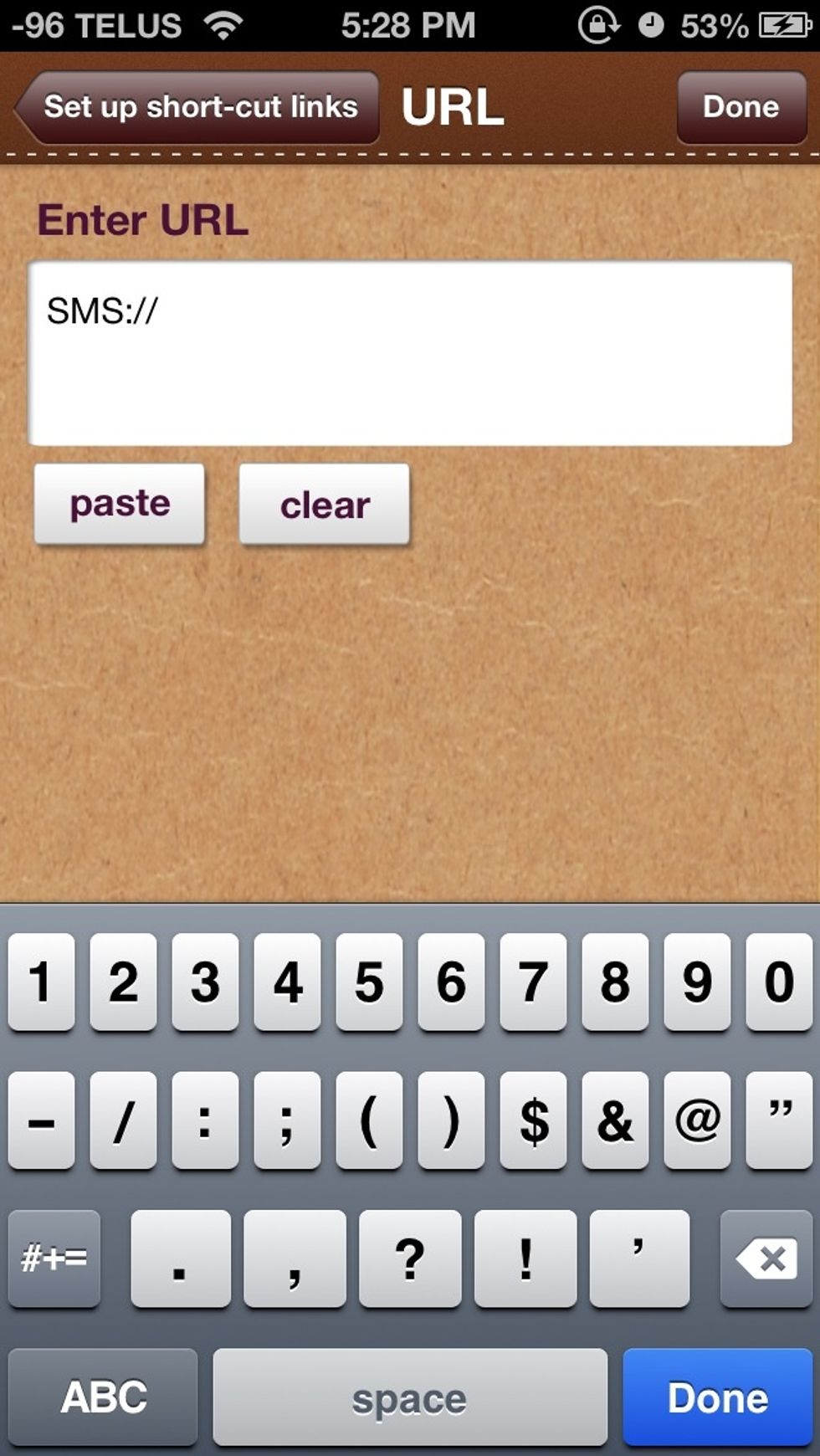 Type in SMS:// and press done