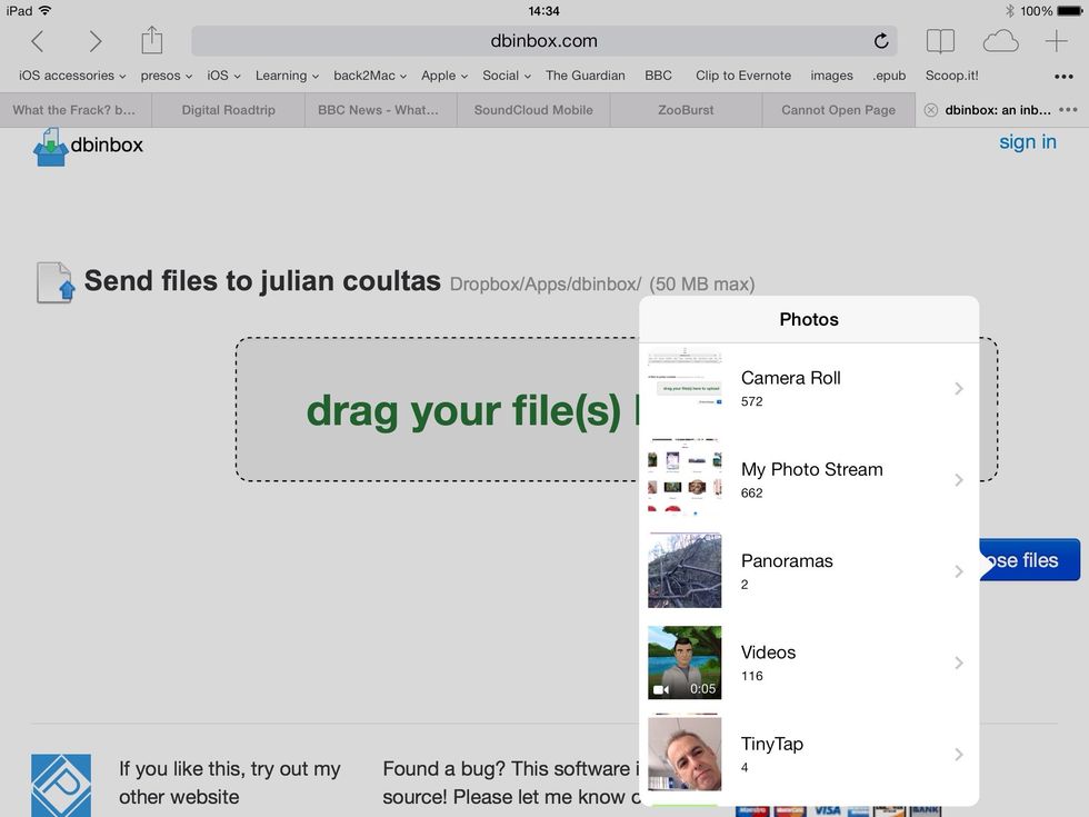 Type in the unique Dbinbox link into Safari on the student iPad. Tap "Go" on the keyboard... This page will appear. Tap on the camera roll and simply select the required files.