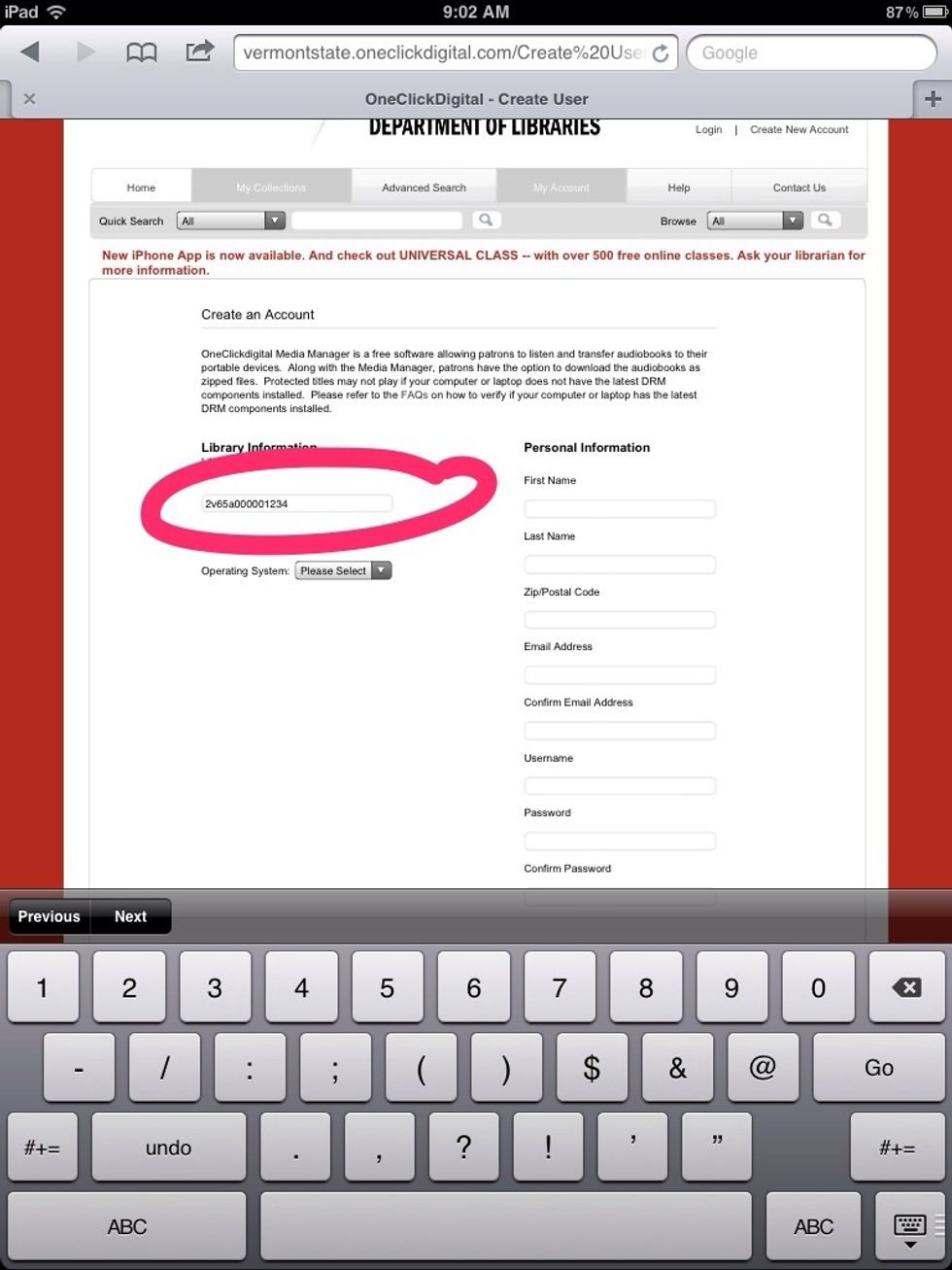 Type in your 14 digit library card number and fill out other required information.  Click "create account at the bottom of the page.