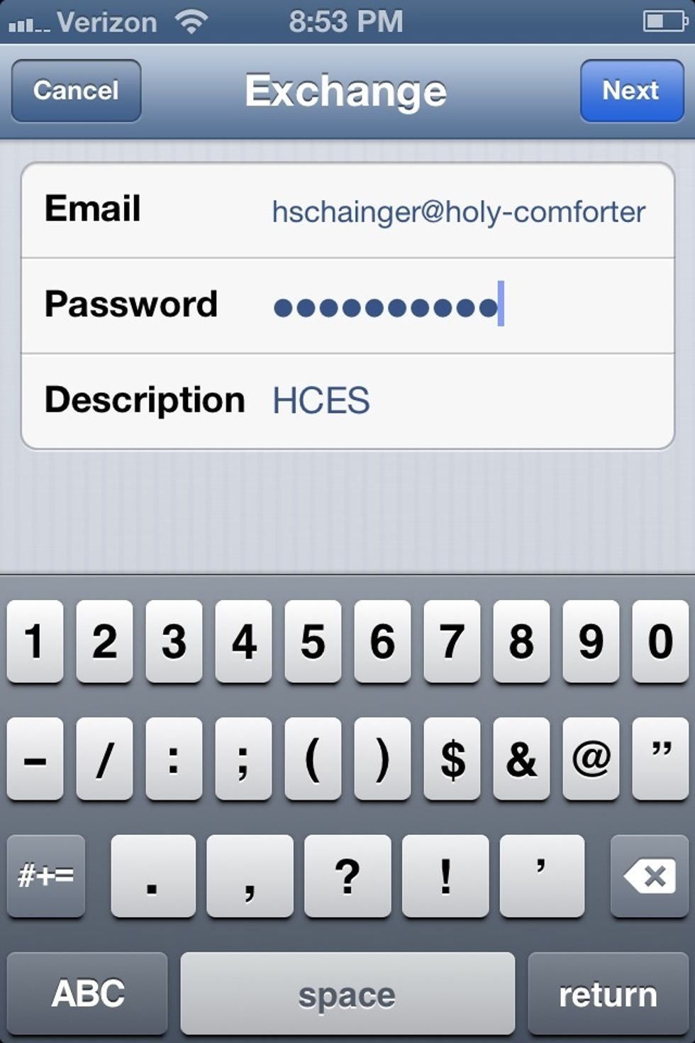 Type your Holy Comforter email address, password, and change description to HCES (if you would like).