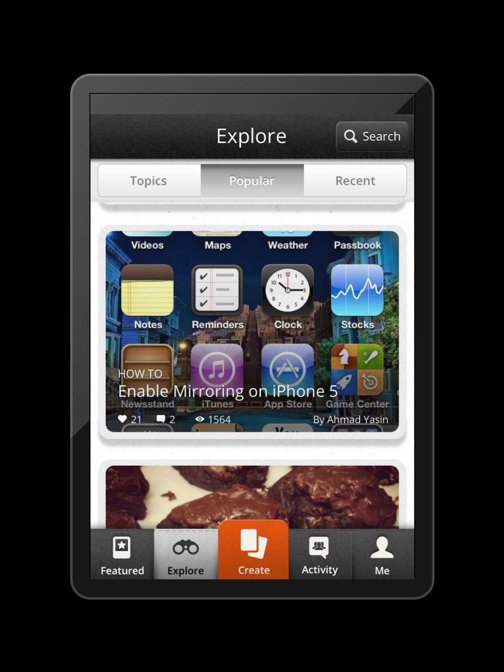 \u064a\u0639\u062a\u0645\u062f \u0627\u0644\u062a\u0637\u0628\u064a\u0642 \u0639\u0644\u064a \u062e\u0645\u0633 \u062a\u0628\u0648\u064a\u0628\u0627\u062a \u0648\u0647\u064a \u0643\u0627\u0644\u0627\u062a\u064a: (me) \u0644\u0645\u0644\u0641\u0627\u062a \u0648\u0628\u064a\u0646\u0627\u062a \u062d\u0633\u0627\u0628\u0643 (activity) \u0628\u064a\u0627\u0646 \u0628\u0627\u0644\u0623\u0646\u0634\u0637\u0629 \u0627\u0644\u0645\u062a\u0639\u0644\u0642\u0629 \u0628\u062d\u0633\u0627\u0628\u0643 (create) \u0644\u0625\u0646\u0634\u0627\u0621 \u062f\u0644\u064a\u0644 \u062c\u062f\u064a\u062f (explore) \u0644\u0644\u0628\u062d\u062b \u0641\u064a \u0627\u0644\u062a\u0637\u0628\u064a\u0642 (featured) \u0644\u0644\u0623\u0639\u0645\u0627\u0644 \u0627\u0644\u0645\u062a\u0645\u064a\u0632\u0629