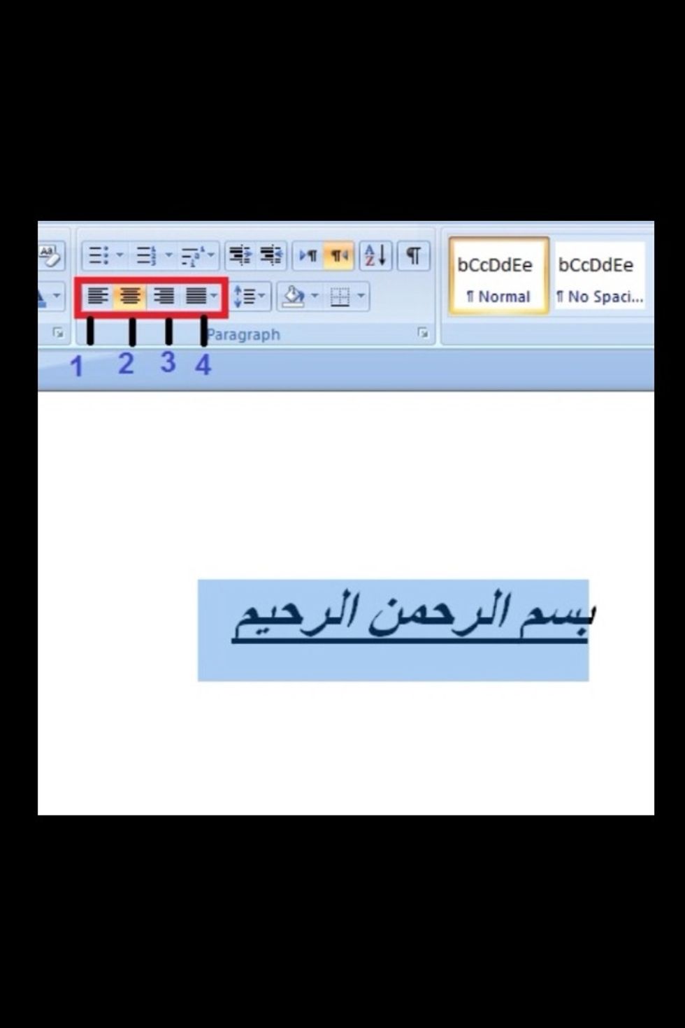 \u0661\u0661. \u0644\u0645\u062d\u0627\u0630\u0647 \u0627\u0644\u062e\u0637 \u062c\u0647\u0629 \u0627\u0644\u064a\u0645\u064a\u0646 (\u0661) \u0623\u0648 \u0625\u0644\u0649 \u062c\u0647\u0629 \u0627\u0644\u064a\u0633\u0627\u0631(\u0663). \u0623\u0648 \u0641\u064a \u0627\u0644\u0645\u0646\u062a\u0635\u0641 (\u0662) \u0648\u0644\u0636\u0628\u0637 \u0627\u0644\u0646\u0635 \u0648\u062c\u0639\u0644\u0647 \u0645\u0646\u062a\u0638\u0645 (\u0664). \u0646\u0642\u0648\u0645 \u0628\u062a\u062d\u062f\u064a\u062f \u0627\u0644\u0646\u0635 \u0627\u0648\u0644\u0627 \u062b\u0645 \u0627\u062e\u062a\u064a\u0627\u0631 \u0645\u0646 \u0627\u0644\u0642\u0627\u0626\u0645\u0647 \u0645\u0627\u064a\u0646\u0627\u0633\u0628\u0646\u0627.