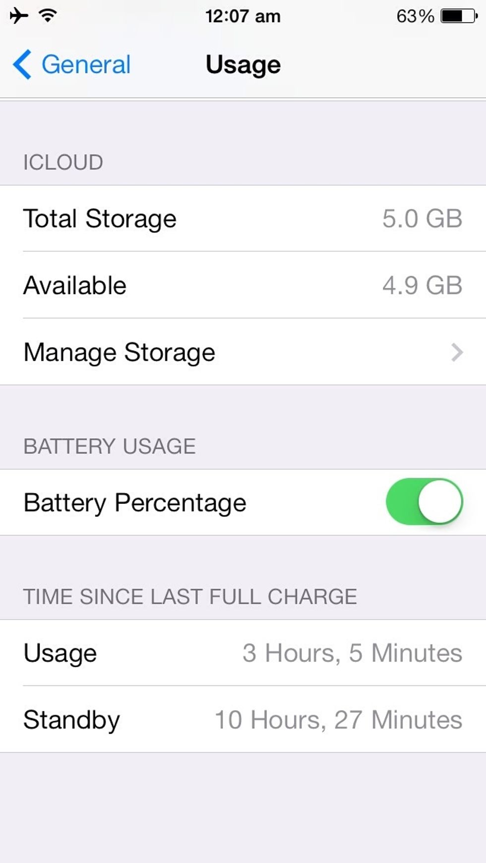 \u2022Go to Settings > General > Usage > Battery Percentage and switch it on.Note:iPod touch does not have battery percentage, it never has and probably never will,jailbreaking will display it.