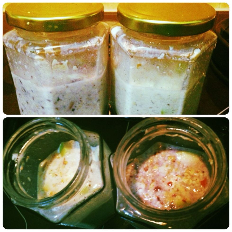 \u2022Mix / shake everything well \u2022Let it rest in the fridge overnight (Dont worry, the raw oats will soak in the milk & become moist & cooked)