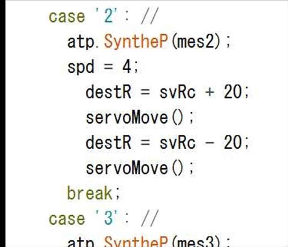 \u300cdestR\u300d\u306f\uff32\uff08\u9996\u306e\u6a2a\u632f\u308a\uff09\u30b5\u30fc\u30dc\u3092\u56de\u8ee2\u3055\u305b\u308b\u89d2\u5ea6\u3092\u6307\u5b9a\u3057\u3066\u3044\u307e\u3059\u3002\u300csvRc + 20\u300d\u306f\u57fa\u672c\u89d2\u5ea6\u304b\u3089\u53f3\u306b\uff12\uff10\u5ea6\u306e\u610f\u5473\u3067\u3059\u3002\u8ca0\u306e\u5024\u3092\u5165\u308c\u308b\u3068\u5de6\u306b\u56de\u8ee2\u3057\u307e\u3059\u3002