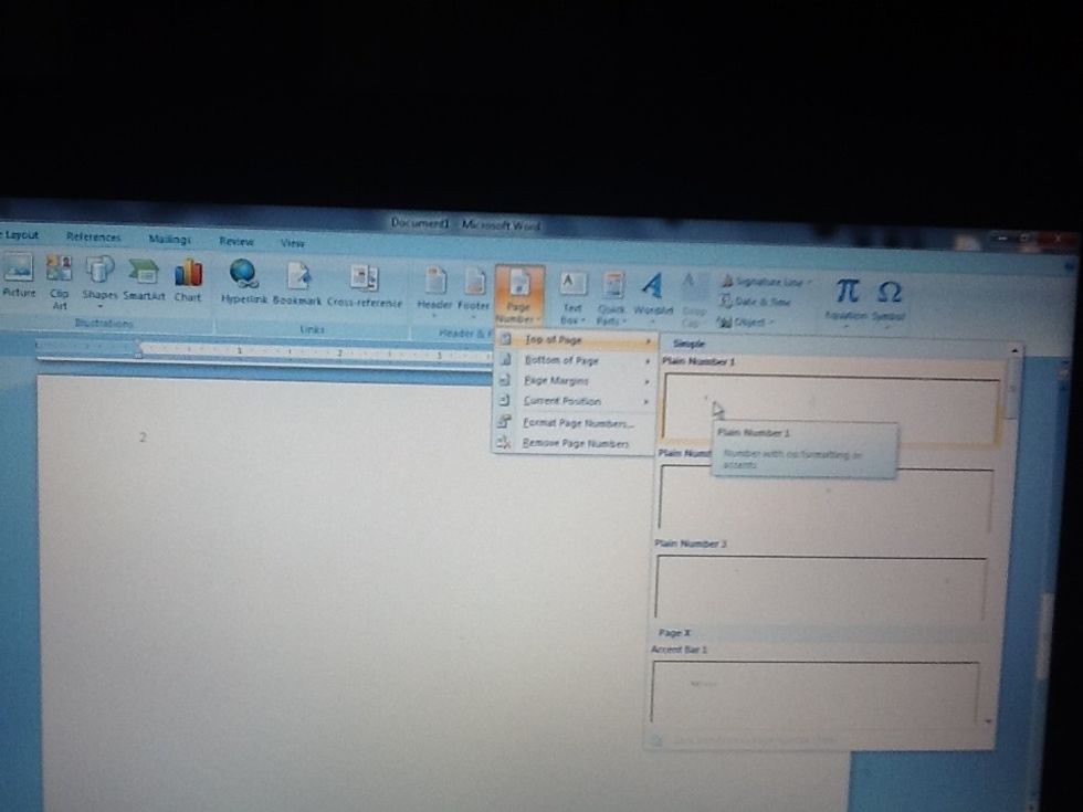\ud83d\udd06 Click on Page Number, scroll over Top of Page, and click on Plain Number 1 again in order to return your cursor to the header section on the second page.