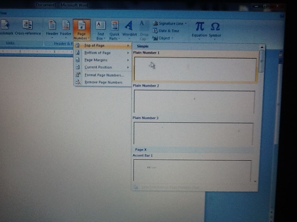 \ud83d\udd06Click Page Number, scroll over Top of Page, and click Plain Number 1.  NOTE: This number will eventually be tabbed over to the right side.