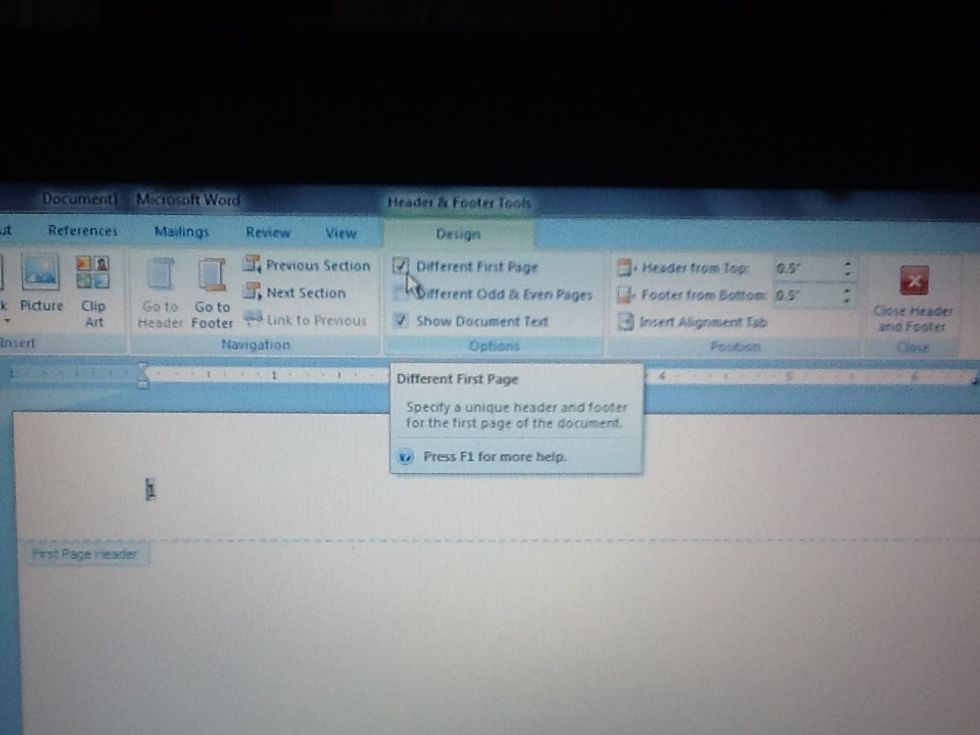 \ud83d\udd06Once Plain Number 1 is chosen, the tool bar will change, providing the option to click the box under Design that says, "Different First Page."