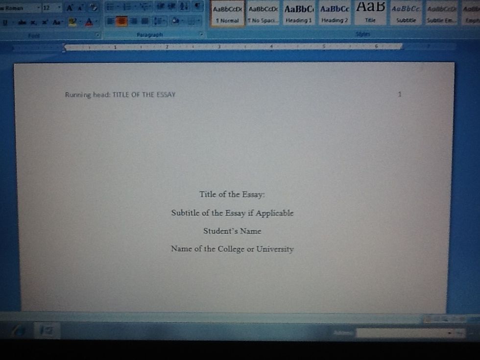 \ud83d\udd06The title of the essay, subtitle if applicable, student's name, and educational affiliation should be typed and centered as shown above.