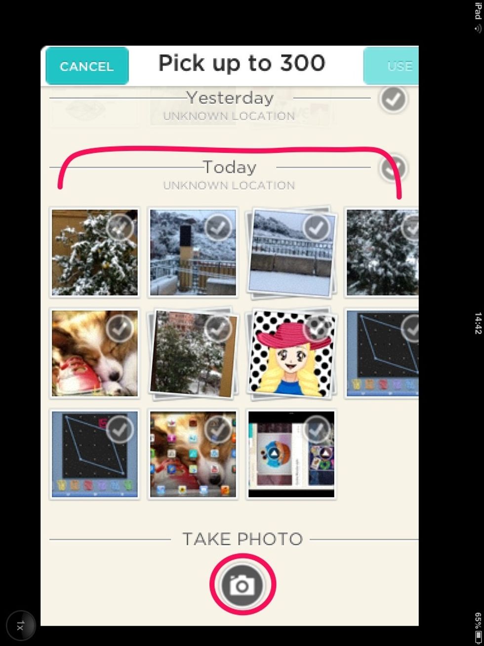Un cop heu clicat a CREATE, us sortir\u00e0 aquesta finestra que tens d'escollir una imatge (o m\u00e9s d'una) del teu rodet, o b\u00e9 pots fer una foto amb la c\u00e0mara clicant a "TAKE A PHOTO"