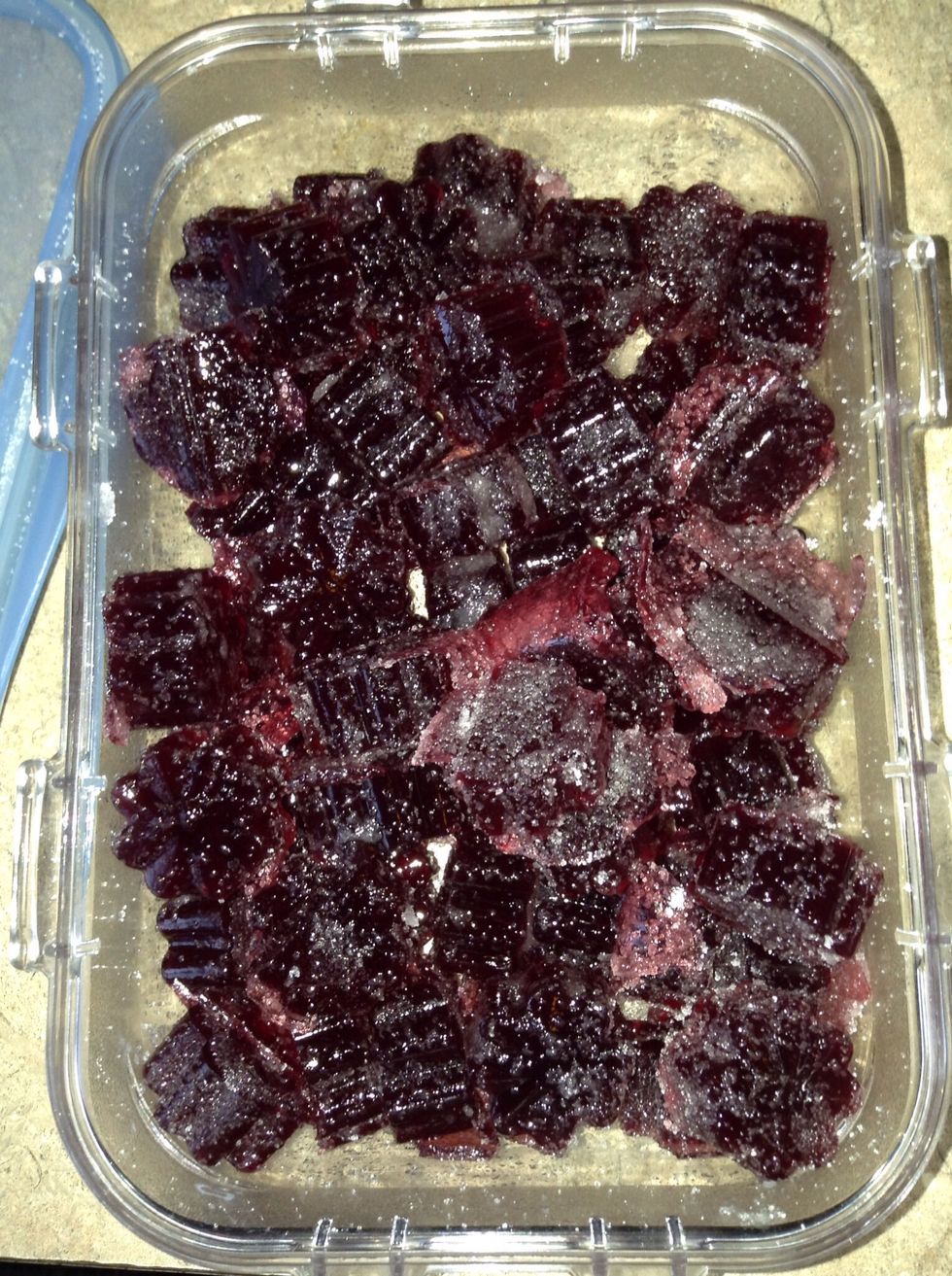 Un-mould into a resealable container.  Store in fridge.  Your jellies should be quite firm compared to jello.  I find 2 a day is quite enough, they are more filling then regular store bough candy.