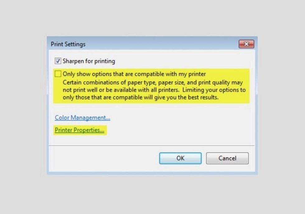 Uncheck the box for limiting your options. Then click "Printer Properties..." at the bottom.