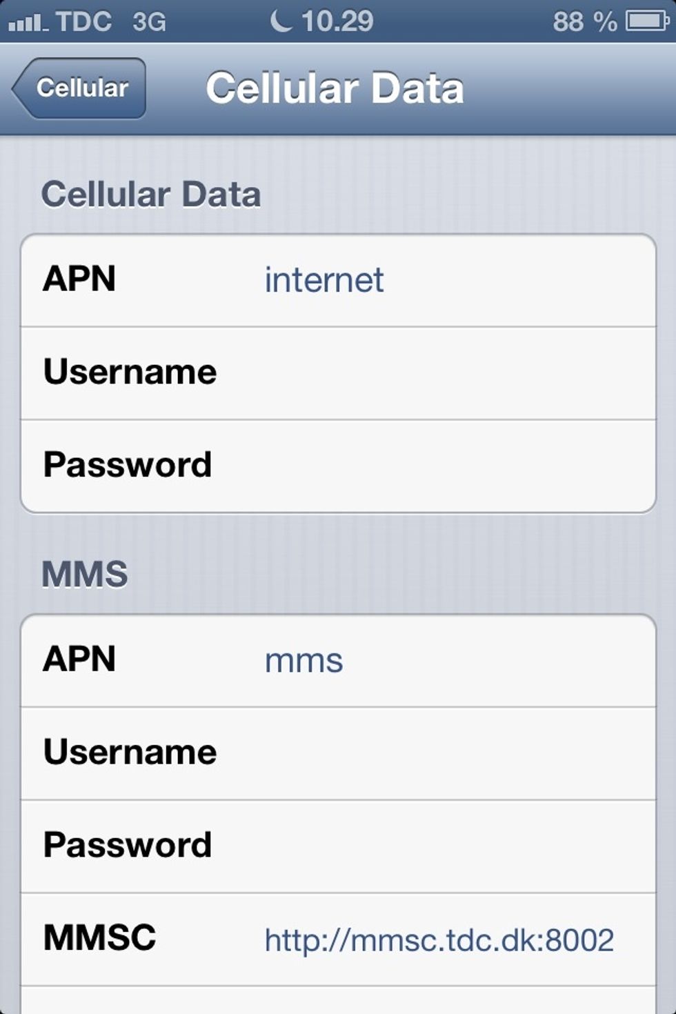 Under Cellular Data, tap the APN field and type in the APN parameter, tap the user name and password fields and type in the the right parameters.