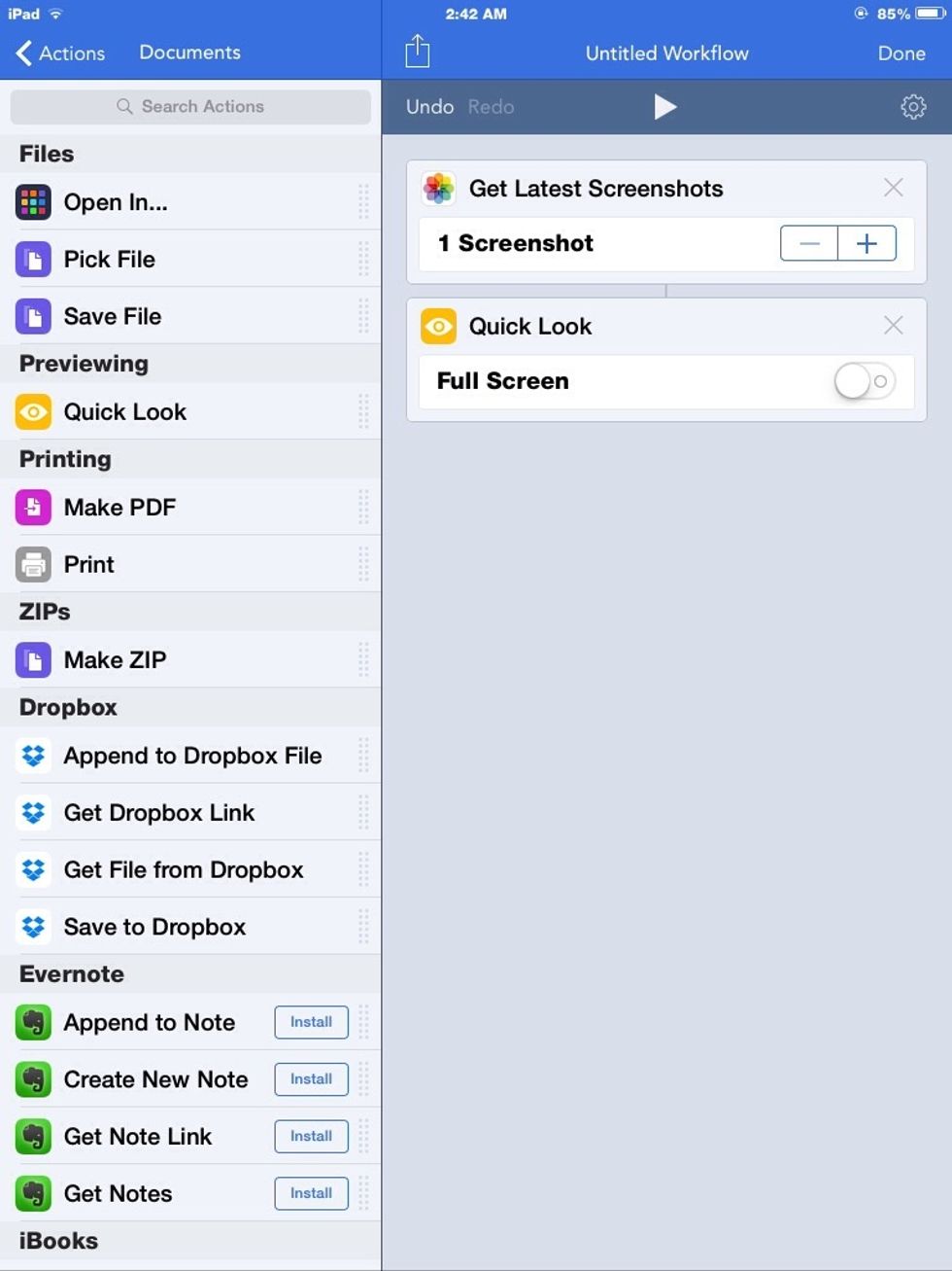 Under "Documents" I can take a "Quick Look" at those photos. Here, I only grabbed one of the latest photos. Tap the play button to see the workflow in action.