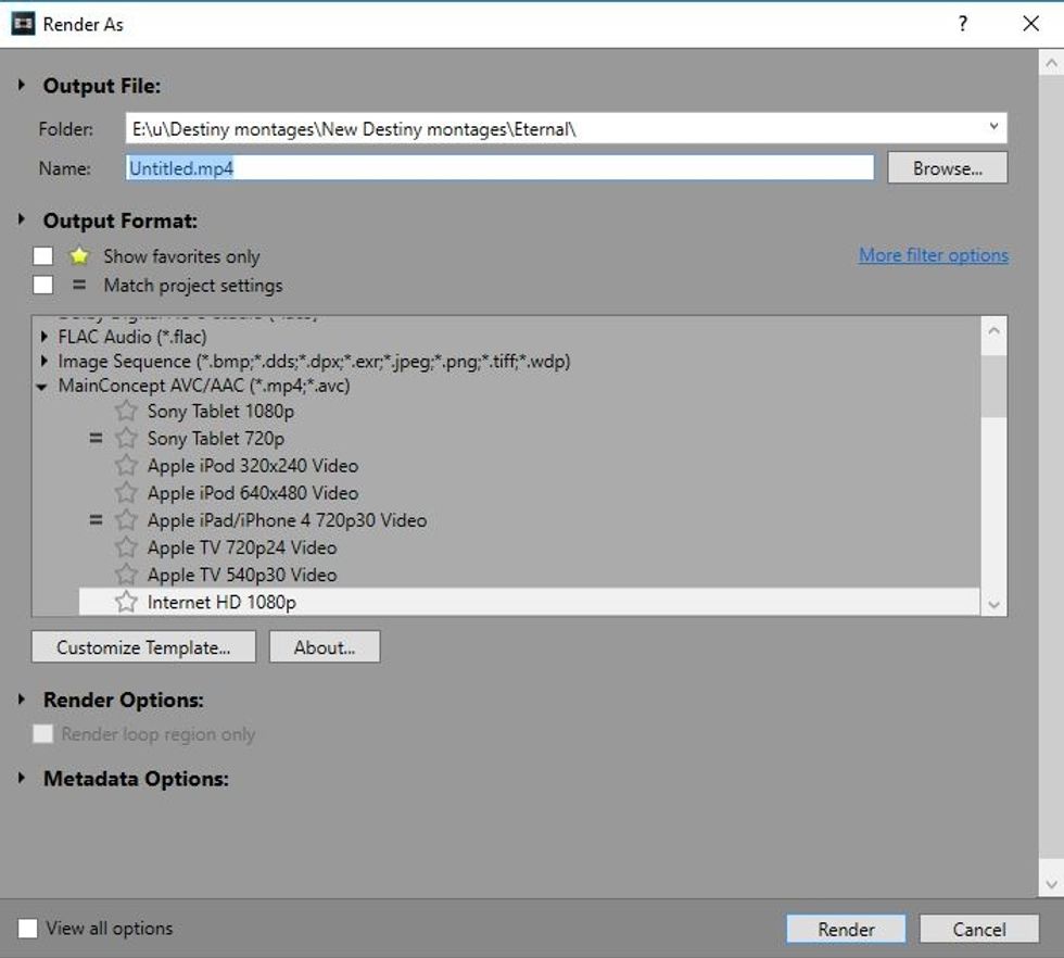 Under File in the left corner, there will a render option and this will pop up. Use this once you are done with editing your video. Select where it will go, the quality, what format and the name.